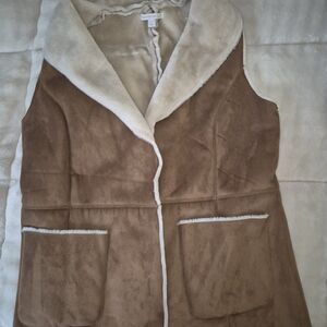 Zara Brown Faux Suede Vest with Cream Shearling Trim